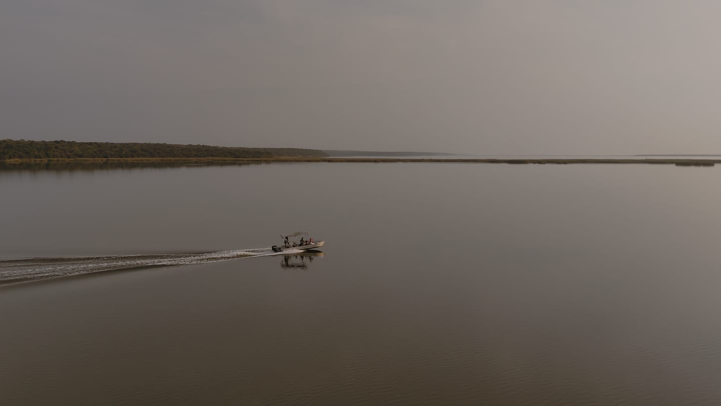 A montage of boats crossing the lake, an empty beach, a game drive and an eco-boat at sunrise
