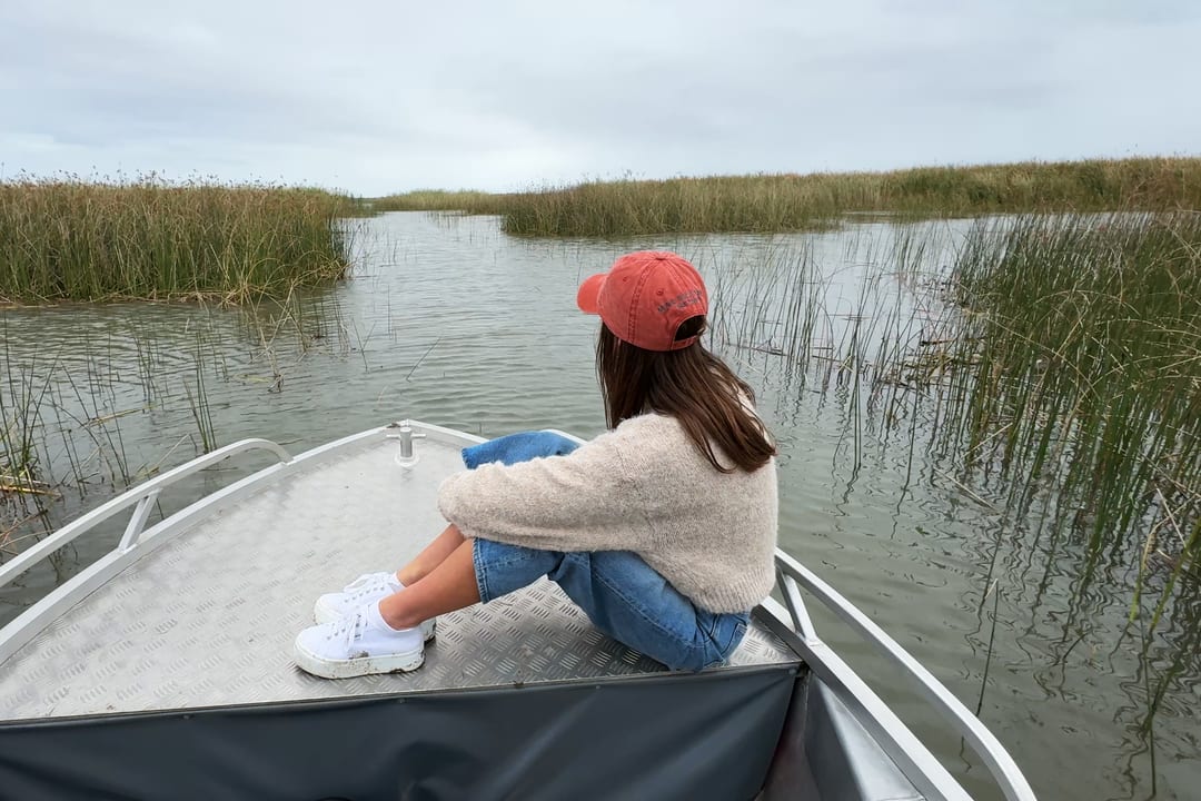 A guest in a red cap sits on the bow as the boat drifts slowly through the reeds
