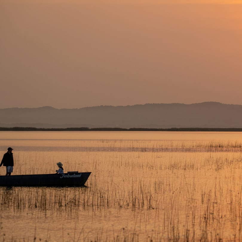 Two people silhouetted in an eco-boat among the reeds as the sun rises over the bay.