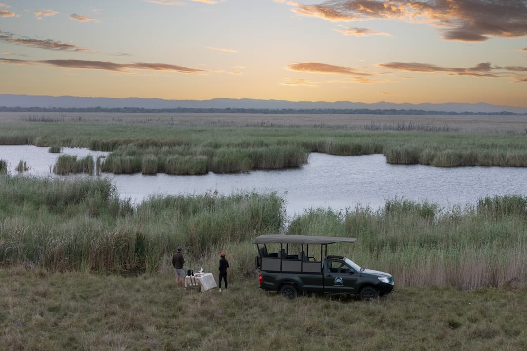 The game-drive vehicle on a grassy rise above reed beds and open water at dusk