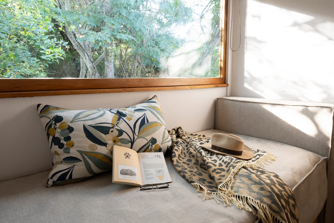 A window seat with a botanical cushion, a leopard-print throw, a hat and a field guide