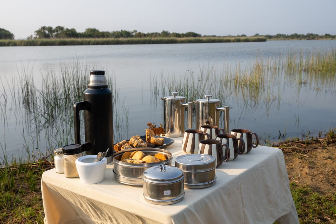 A coffee stop laid on the lakeshore: flask, cafetières, striped mugs and rusks, reeds and water behind.