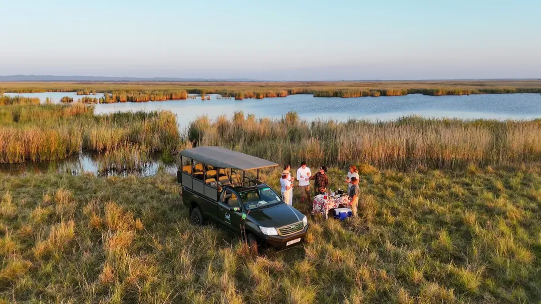 Guests gather beside the game-drive vehicle for sundowners at the wetland edge, seen from the air