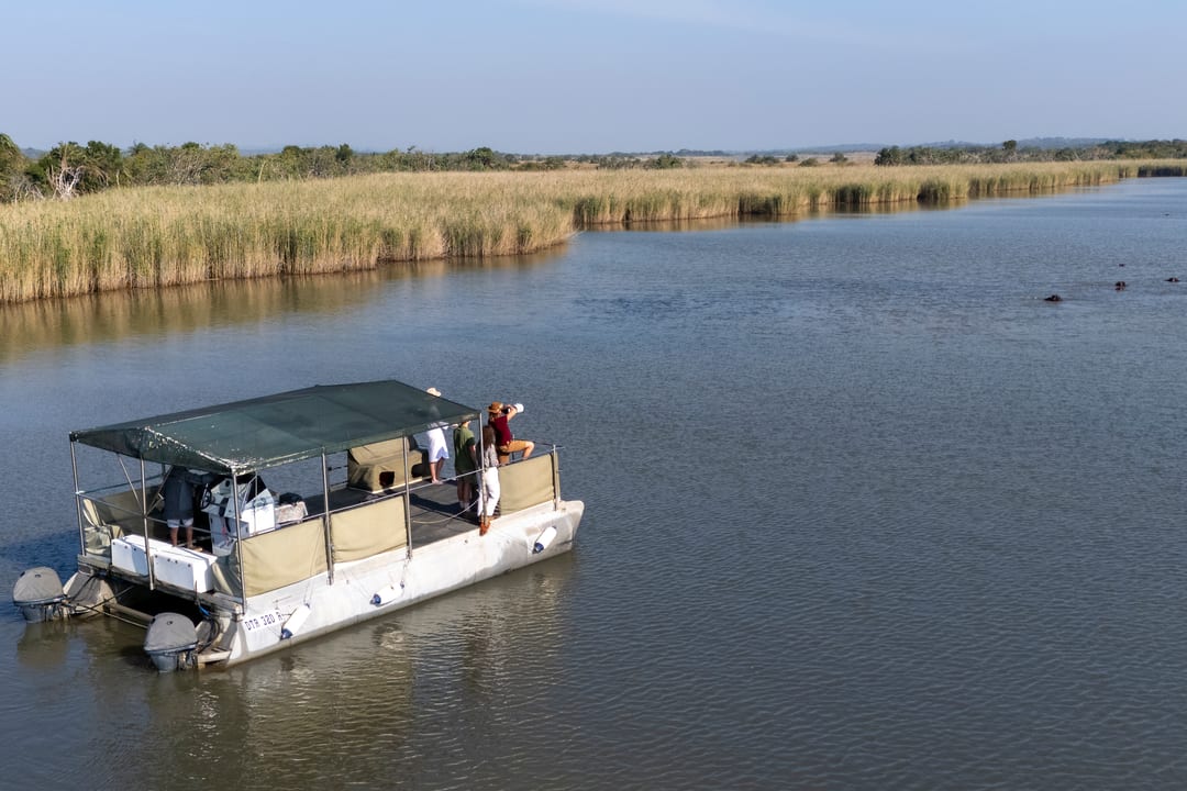 The boat at rest with guests photographing, hippos surfacing at a distance