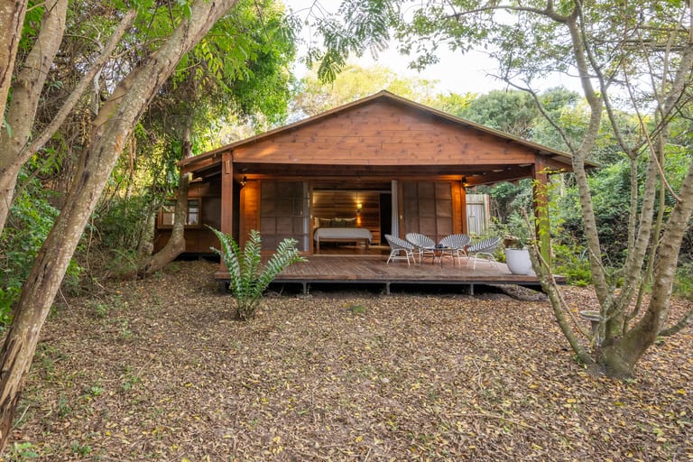 A timber suite on a raised deck framed by trees in late afternoon light