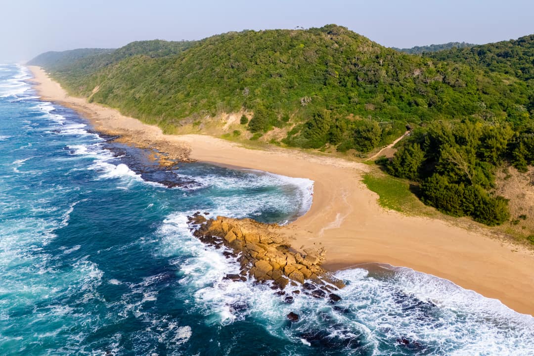 A rocky point and empty bay on the wild coast, surf lines and forested dunes beyond
