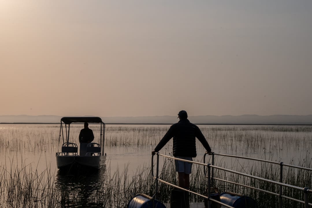 A guest at the rail at dawn as the covered boat comes alongside through the mist
