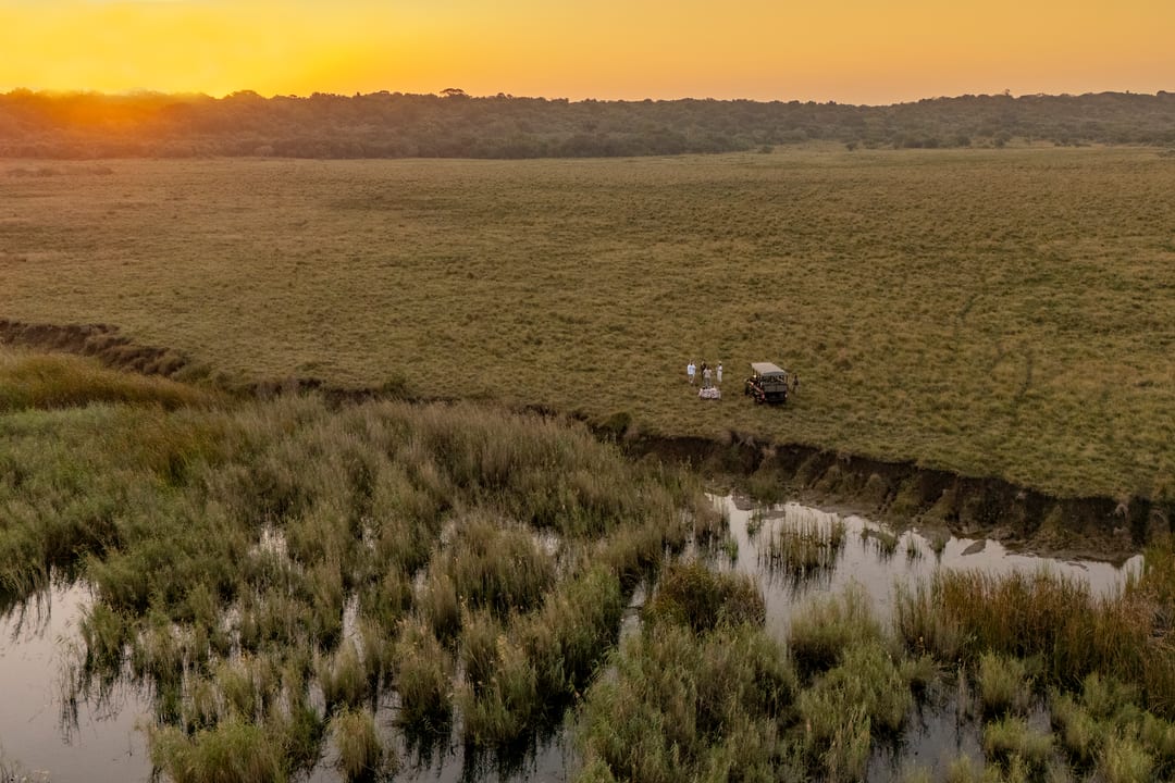 A burning orange sunset over a dark treeline and wetland, a tiny vehicle on the ridge